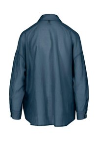 Camicia a maniche lunghe blu scuro con colletto classico, caratterizzata da polsini abbottonati e un tessuto leggero e morbido. La vista posteriore mostra un design minimalista.