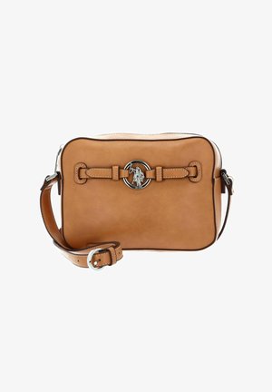 Sac bandoulière en cuir couleur cognac avec quincaillerie argentée, forme rectangulaire, sangle réglable et détail décoratif à boucle sur le devant.