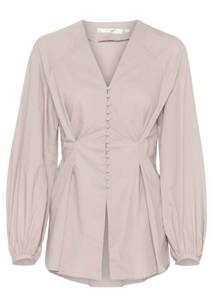 Blassrosa Bluse mit langen Puffärmeln, V-Ausschnitt und einer Knopfleiste an der Vorderseite. Verfügt über Falten an den Seiten und einen geraden Saum.