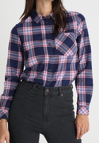Navy blue and pink plaid flannel shirt with long sleeves, collar, and front pocket; paired with high-waisted black jeans.