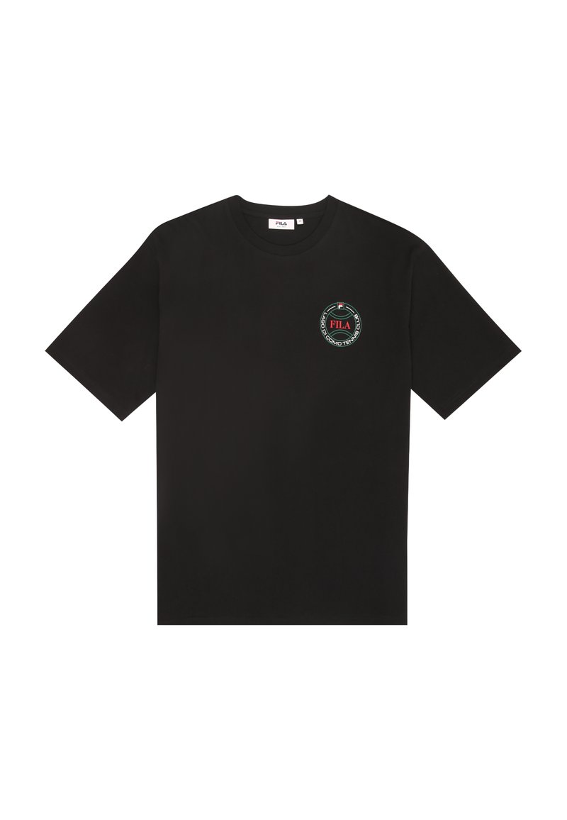 Czarna bawełniana koszulka z okrągłym logo w zielonym i czerwonym kolorze na piersi. Krótkie rękawy i klasyczny, okrągły dekolt. Miękka w dotyku.