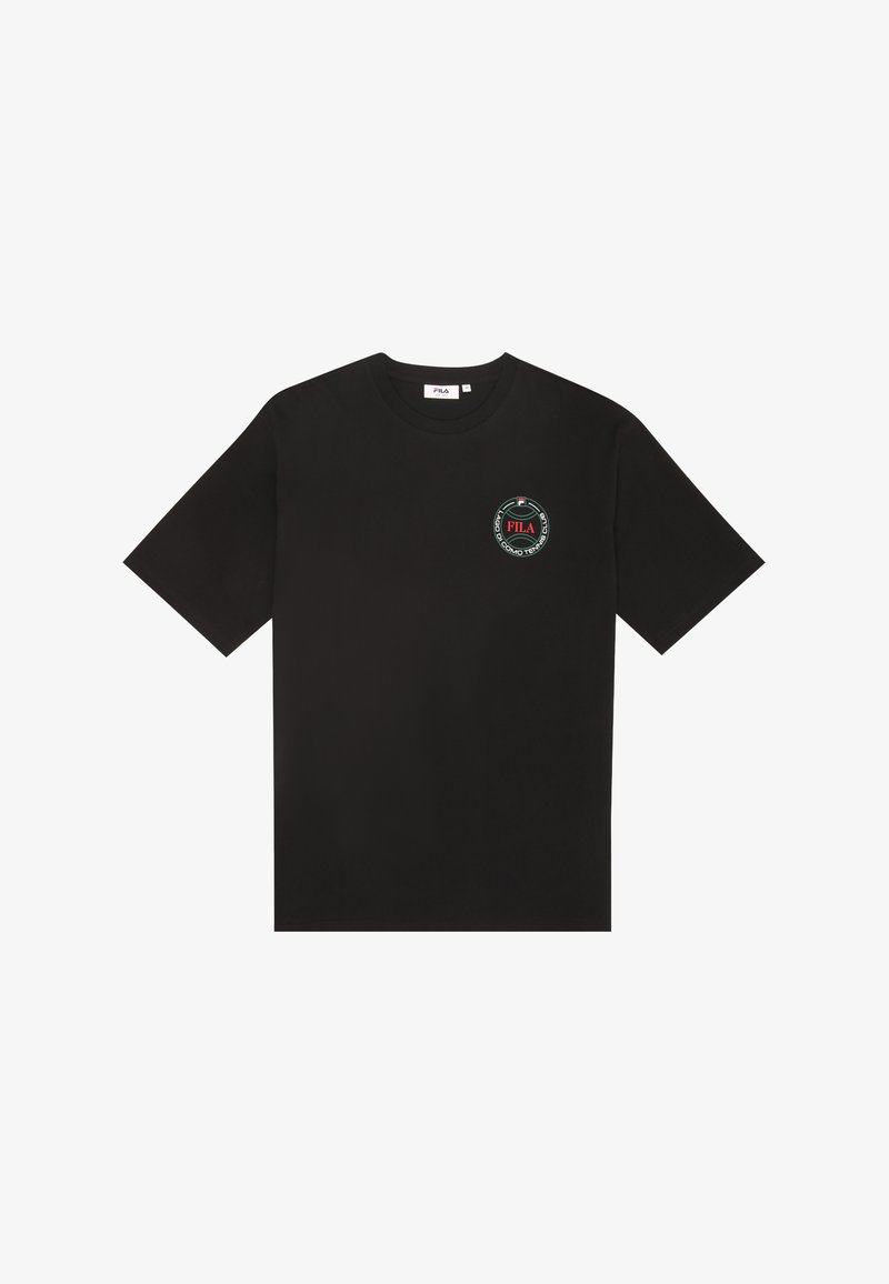 Czarna bawełniana koszulka z okrągłym logo w zielonym i czerwonym kolorze na piersi. Krótkie rękawy i klasyczny, okrągły dekolt. Miękka w dotyku.