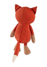 Animale di peluche con corpo in tessuto arancione, arti beige e una coda con punta bianca. Presenta orecchie rotonde e un design semplice cucito.