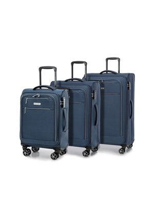 Navy blue luggage set featuring three sizes with smooth fabric, expandable design, dual zippers, and 360-degree spinning wheels for mobility.
