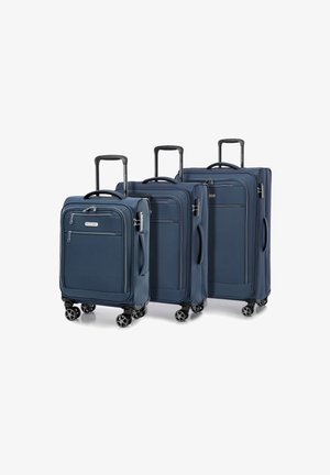 Set di valigie blu navy composto da tre dimensioni con tessuto liscio, design espandibile, doppie cerniere e ruote girevoli a 360 gradi per una maggiore mobilità.