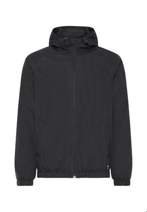 Black lightweight jacket with hood, elastic cuffs, and hem. Features a zipper closure and side pockets. Smooth, water-resistant fabric.