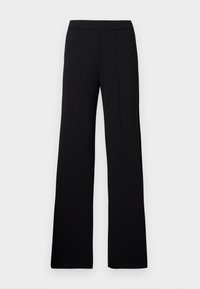 Black wide-leg trousers with a smooth, woven texture, featuring a flat waistband and vertical seams for a tailored look.