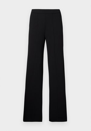 Sorte vide bukser med en glat, vævet tekstur, der har et fladt taljebånd og lodrette sømme for et skræddersyet look.