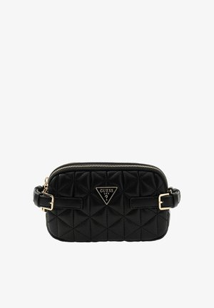 Sac à main matelassé noir en matériau synthétique avec une fermeture éclair et des garnitures en or. Doté de deux anses et d'une plaque logo sur le devant.