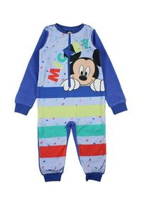 Grenouillère pour enfants à thème Mickey Mouse, en tissu doux, présentant un design rayé bleu et multicolore avec une fermeture éclair frontale et des poignets élastiques.