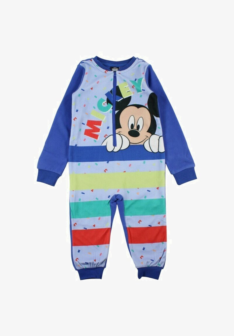 Grenouillère pour enfants à thème Mickey Mouse, en tissu doux, présentant un design rayé bleu et multicolore avec une fermeture éclair frontale et des poignets élastiques.