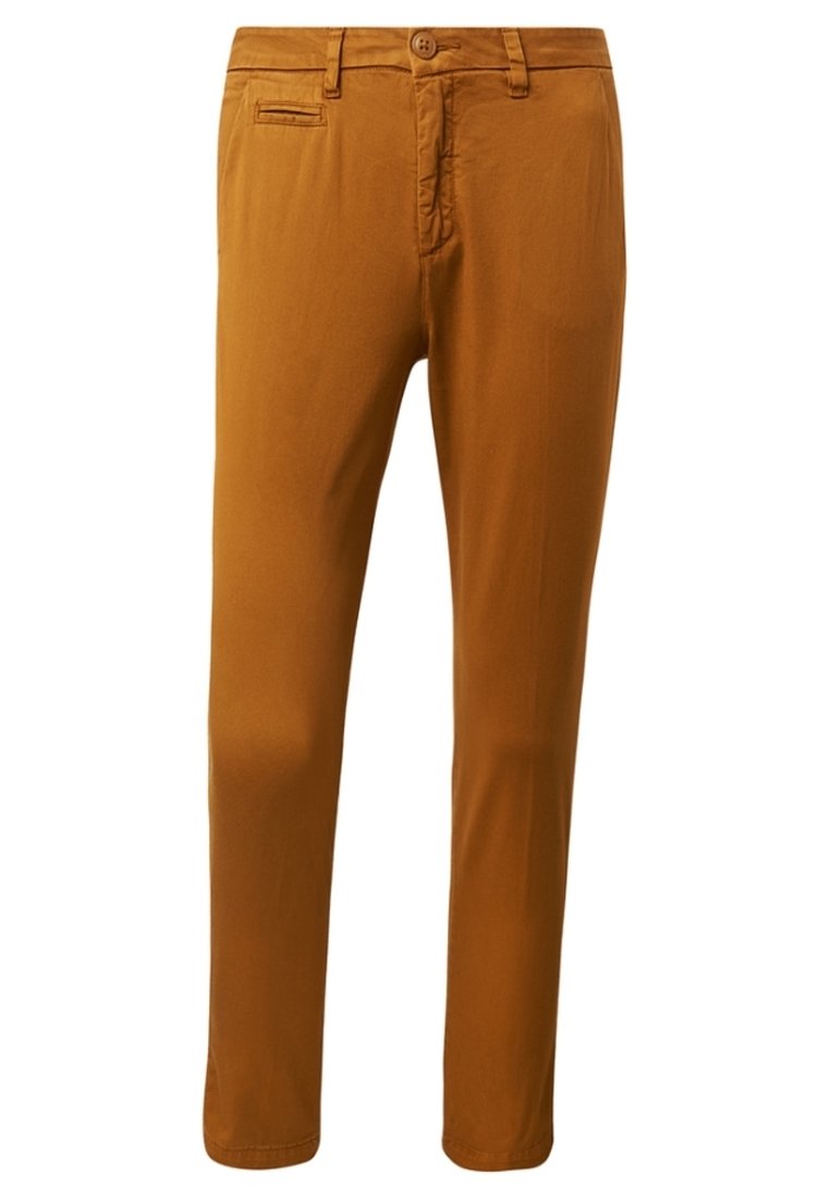 Slim-fit, tapered byxor i en varm brun nyans. Har knäppning med knapp, bälteshällor och en sidoficka för funktionalitet. Slät textur.