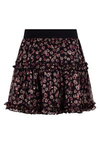 Bloemdrukrok met een zwarte achtergrond, geplooid ontwerp, ruches aan de onderkant en elastische tailleband; bevat roze, gele en crèmekleurige bloemen.