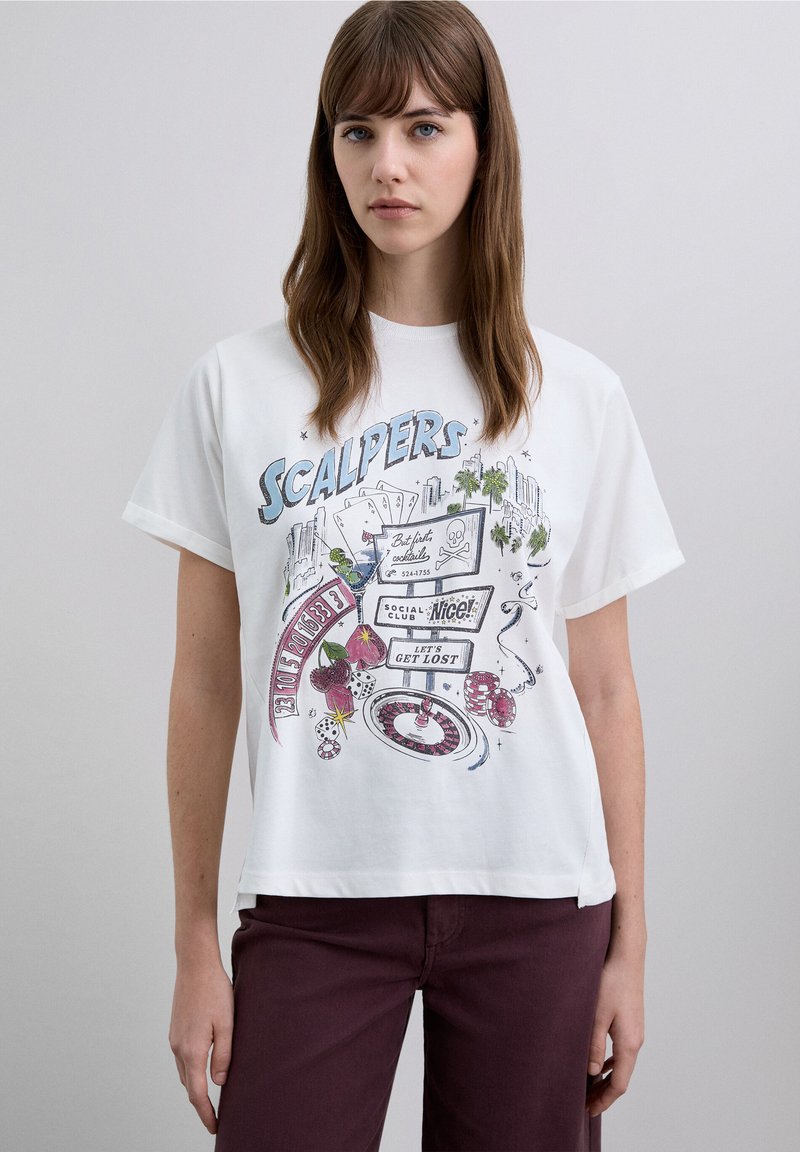 White cotton t-shirt with short sleeves, featuring colorful graphic print of casino elements and the word "SCALPERS." Round neckline.