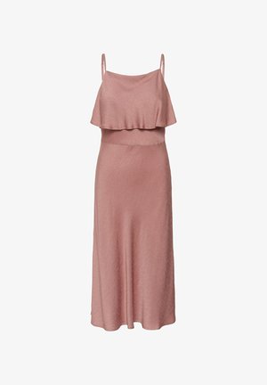 Sötét rózsaszín ujjatlan midi ruha vékony pántokkal és réteges fodros részlettel a mellkason, egyenes szabású szoknyával.