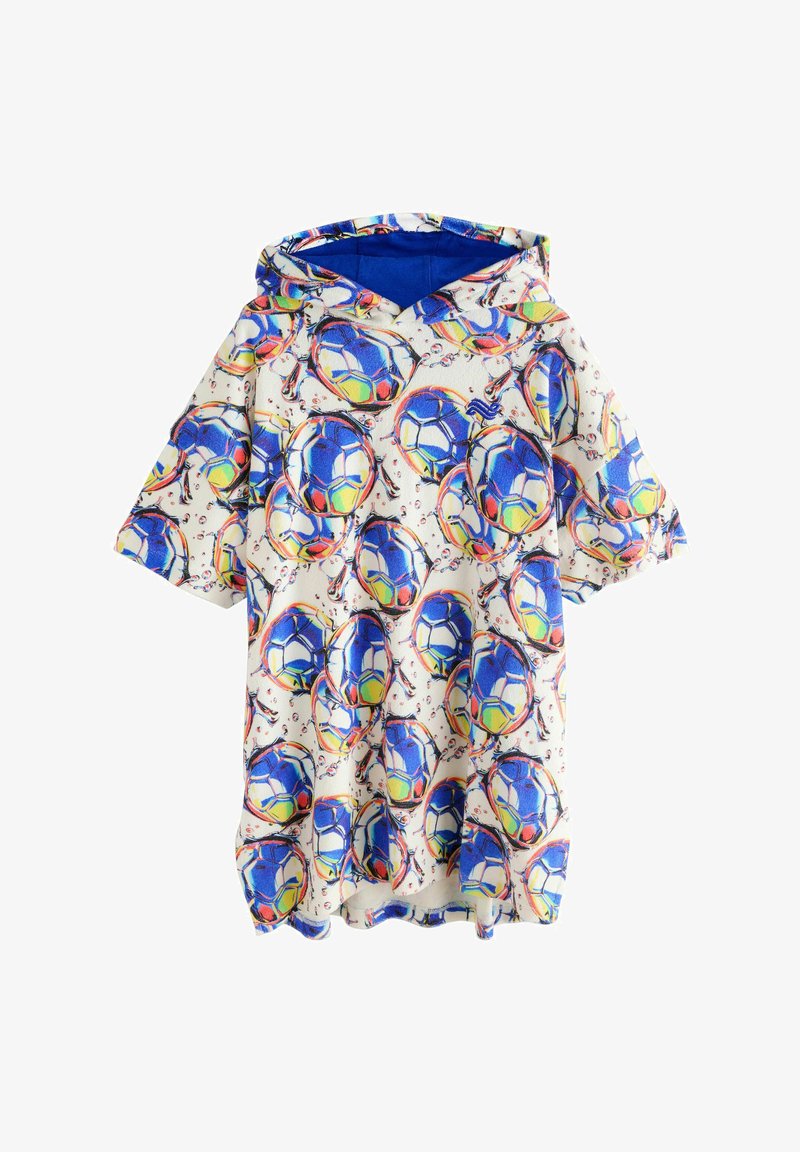 Valge lühikeste varrukatega kapuutsiga särk, millel on kogu ulatuses trükitud värvilised sinised ja kollased jalgpallid, mis pritsivad veepiiskades.