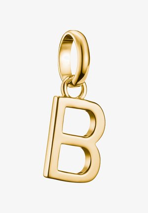 Goldanhänger in Form des Buchstabens B mit polierter Oberfläche, der an einer glatten ovalen Öse hängt.