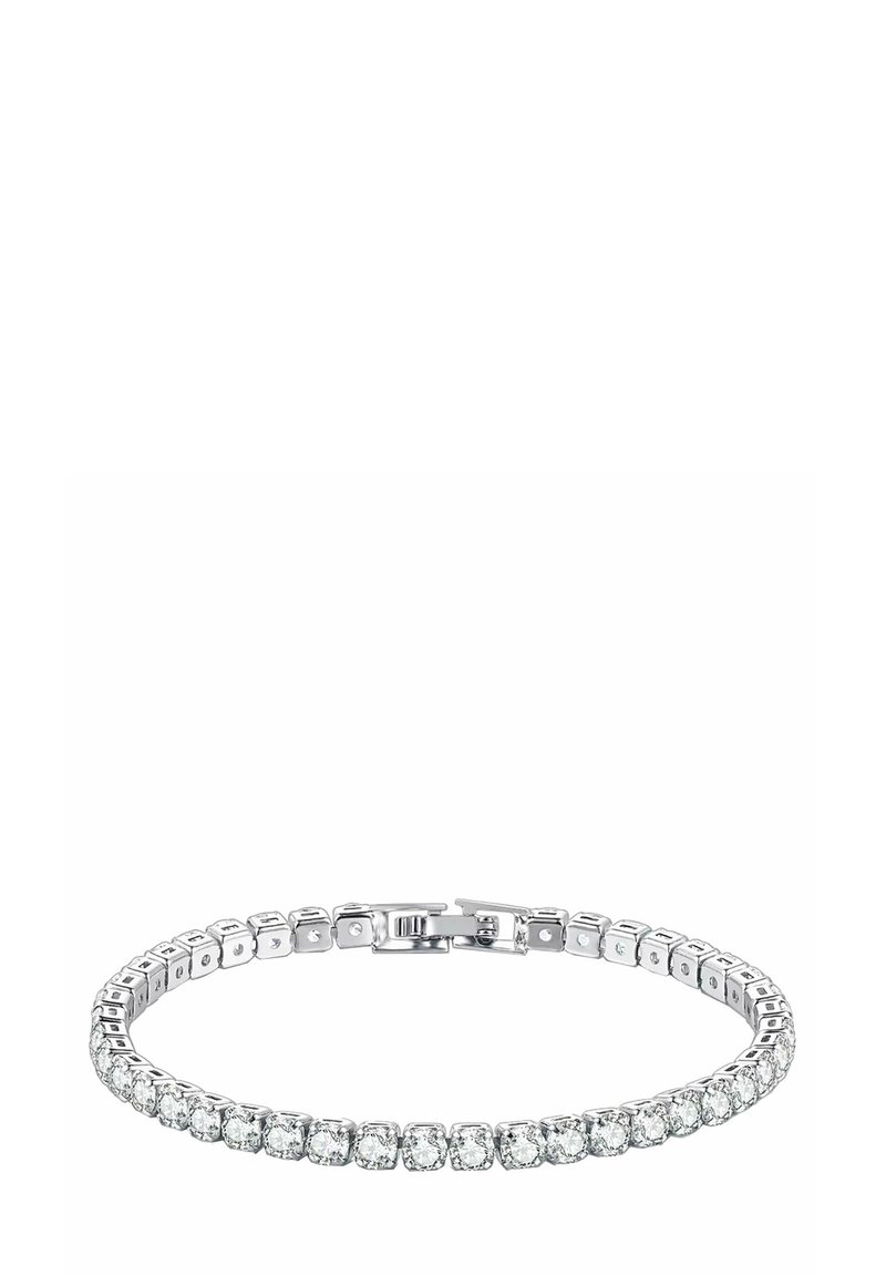 Bracciale in argento caratterizzato da una serie di pietre rotonde trasparenti montate su un bracciale flessibile con chiusura sicura. Superficie liscia, uniforme e finitura lucida.