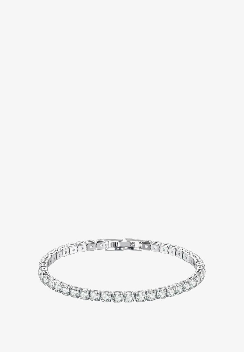 Bracciale in argento caratterizzato da una serie di pietre rotonde trasparenti montate su un bracciale flessibile con chiusura sicura. Superficie liscia, uniforme e finitura lucida.