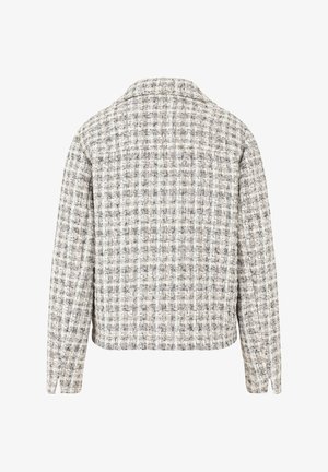Gewebte Tweedjacke mit einem karierten Muster in Grau, Creme und Schwarz. Sie hat einen Kragen und lange Ärmel, mit einem geraden Schnitt.
