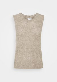 Hellbeiges, ärmelloses, gestricktes Top mit strukturiertem Muster und rundem Ausschnitt. Einfaches Design, mittellang und locker geschnitten.