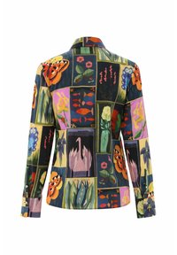Multicolored shirt featuring a patchwork design with floral and animal patterns. Made of soft fabric with a collar and buttoned cuffs.