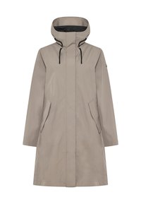 Beige vedenpitävä trenssitakki, jossa korkea kaulus, musta sisävuori, säädettävät kiristysnauhat ja etutaskut. Sileä, kevyt kangas.