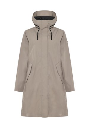 Beige vedenpitävä trenssitakki, jossa korkea kaulus, musta sisävuori, säädettävät kiristysnauhat ja etutaskut. Sileä, kevyt kangas.