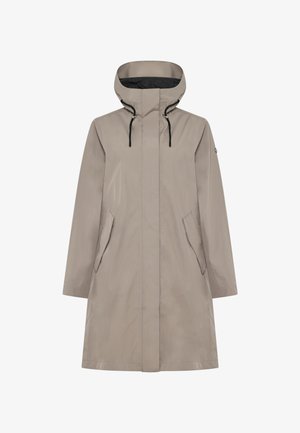 Beige vandtæt trenchcoat med høj krave, sort foring, justerbare snore og lommer foran. Glat, let stof.