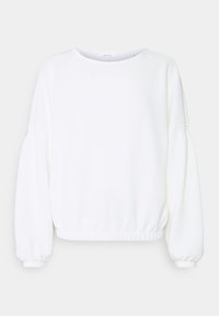 Bílý texturovaný svetr s dlouhými balónovými rukávy a kulatým výstřihem. Má nařasený lem a elastické manžety pro přiléhavý vzhled.