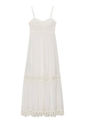 Weißes ärmelloses Maxikleid mit dünnen Trägern, Spitzenverzierungen am Mieder, der Taille und am Saum, mit fließendem Rock.