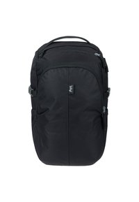 Zaino in tessuto nero con spalline regolabili, zip e tasche laterali. Presenta un design compatto e arrotondato con una maniglia superiore.