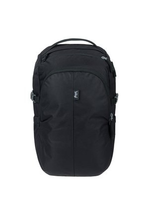 Black fabric backpack with adjustable straps, zippers, and side pockets. Features a compact, rounded design with a top handle.