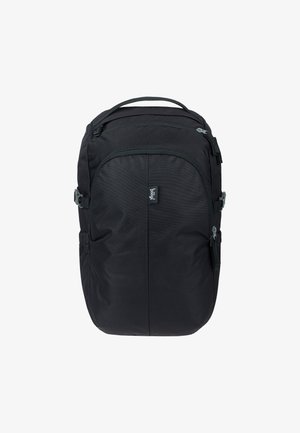 Schwarzfarbener Stoff-Rucksack mit verstellbaren Trägern, Reißverschlüssen und Seitentaschen. Er zeichnet sich durch ein kompaktes, abgerundetes Design mit einem oberen Griff aus.