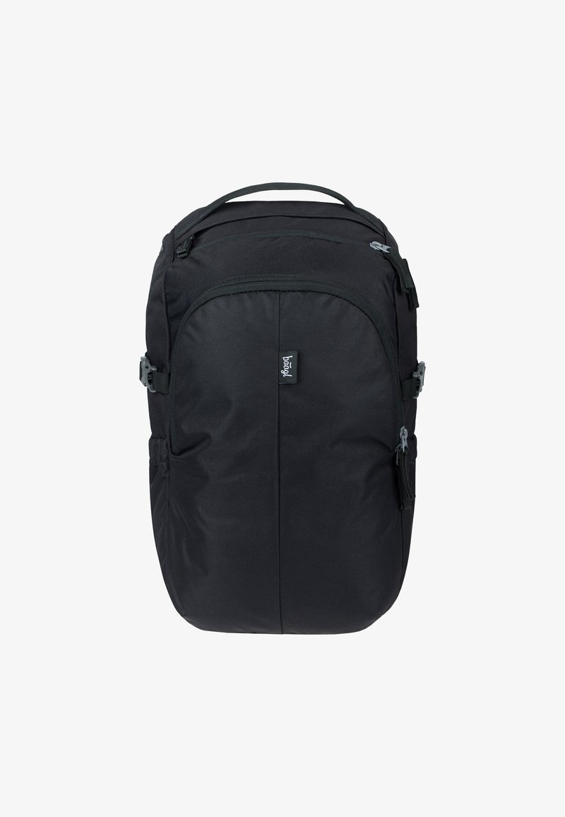 Zaino in tessuto nero con spalline regolabili, zip e tasche laterali. Presenta un design compatto e arrotondato con una maniglia superiore.