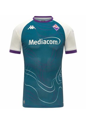 Maillot de football Fiorentina bleu sarcelle et blanc avec col violet et bordure de manches, logo du sponsor Mediacom et écusson du club sur la poitrine.
