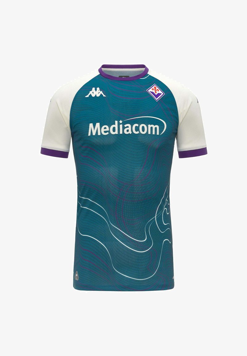 Maillot de football Fiorentina bleu sarcelle et blanc avec col violet et bordure de manches, logo du sponsor Mediacom et écusson du club sur la poitrine.