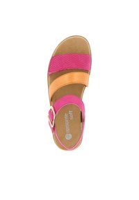 Infradito da donna con cinturini sintetici rosa e arancioni, fibbia regolabile, soletta imbottita e parte superiore testurizzata. Design con suola piatta.