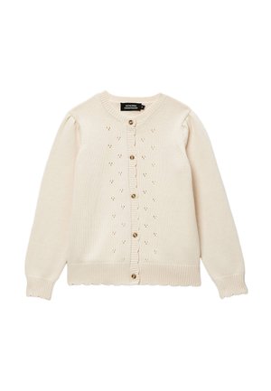Cardigan tricoté couleur crème avec manches longues, bords festonnés, petits motifs ajourés sur le devant et six boutons au centre.