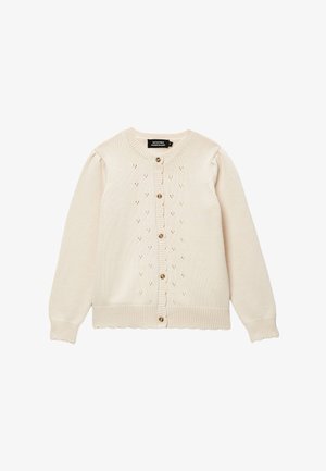 Cardigan tricoté couleur crème avec manches longues, bords festonnés, petits motifs ajourés sur le devant et six boutons au centre.