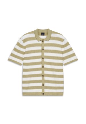 Kurzärmliges Hemd mit Knopfleiste, horizontalen olivgrünen und weißen Streifen sowie einem einfarbigen olivgrünen Kragen und Knopfleiste.