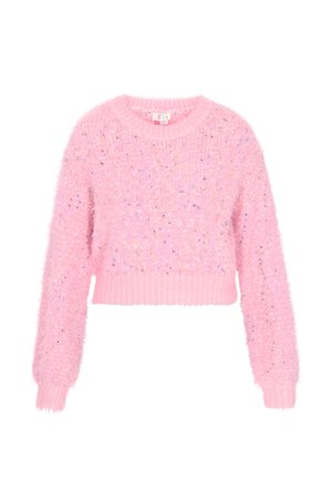 Maglione corto rosa realizzato in morbido materiale peloso con scollatura e polsini a coste. Presenta delle macchie multicolore in tutto il capo.