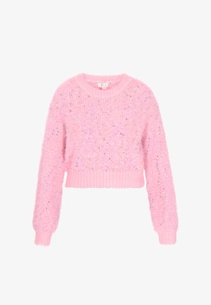 Rosa verkürzter Pullover aus weichem, flauschigem Material mit einem gerippten Ausschnitt und Bündchen. Verfügt über mehrfarbige Sprenkel im gesamten Kleidungsstück.