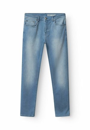 helehele sinised kitsad teksad, millel on viis taskut, nööpkinnitusega ja õrn pleekimine eesreite ja põlvede piirkonnas.