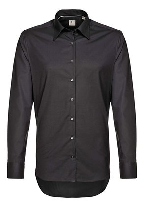Camicia nera a maniche lunghe con bottoni, realizzata in tessuto liscio. Presenta un colletto a punta e bottoni frontali con orlo dritto.