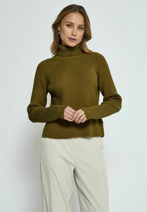 Dark olive ribbed turtleneck sweater with long sleeves, featuring a fitted bodice and relaxed hem, paired with light-colored trousers.