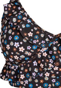 Haut de bikini noir à motifs floraux avec volants. Présente divers motifs de fleurs en rose, bleu et blanc. Fabriqué en tissu doux et extensible.