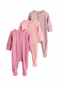 Drei Babykleidchen in unterschiedlichen Rosatönen, mit geripptem Stoff, langen Ärmeln, Reißverschluss vorne und Fußteil-Design.
