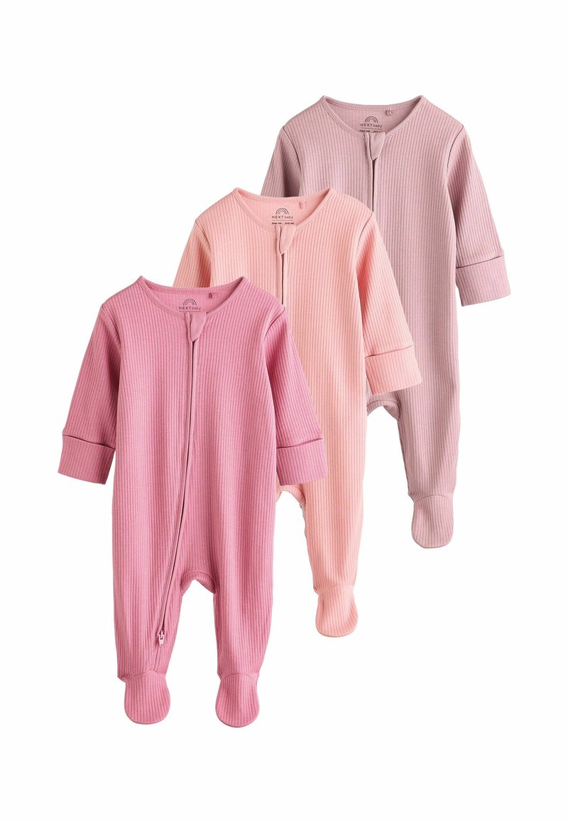 Drei Babykleidchen in unterschiedlichen Rosatönen, mit geripptem Stoff, langen Ärmeln, Reißverschluss vorne und Fußteil-Design.