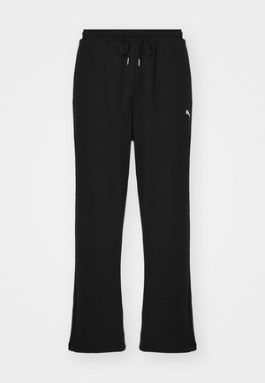 Pantaloni de trening negri cu talie elastică și șnur, având buzunare laterale și un logo subtil pe piciorul stâng. Material moale, croială evazată.